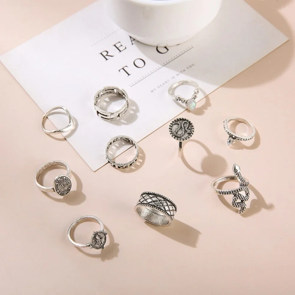 *HADLEIGH* 10-Pc Silver Snake Fashion Ring Set
